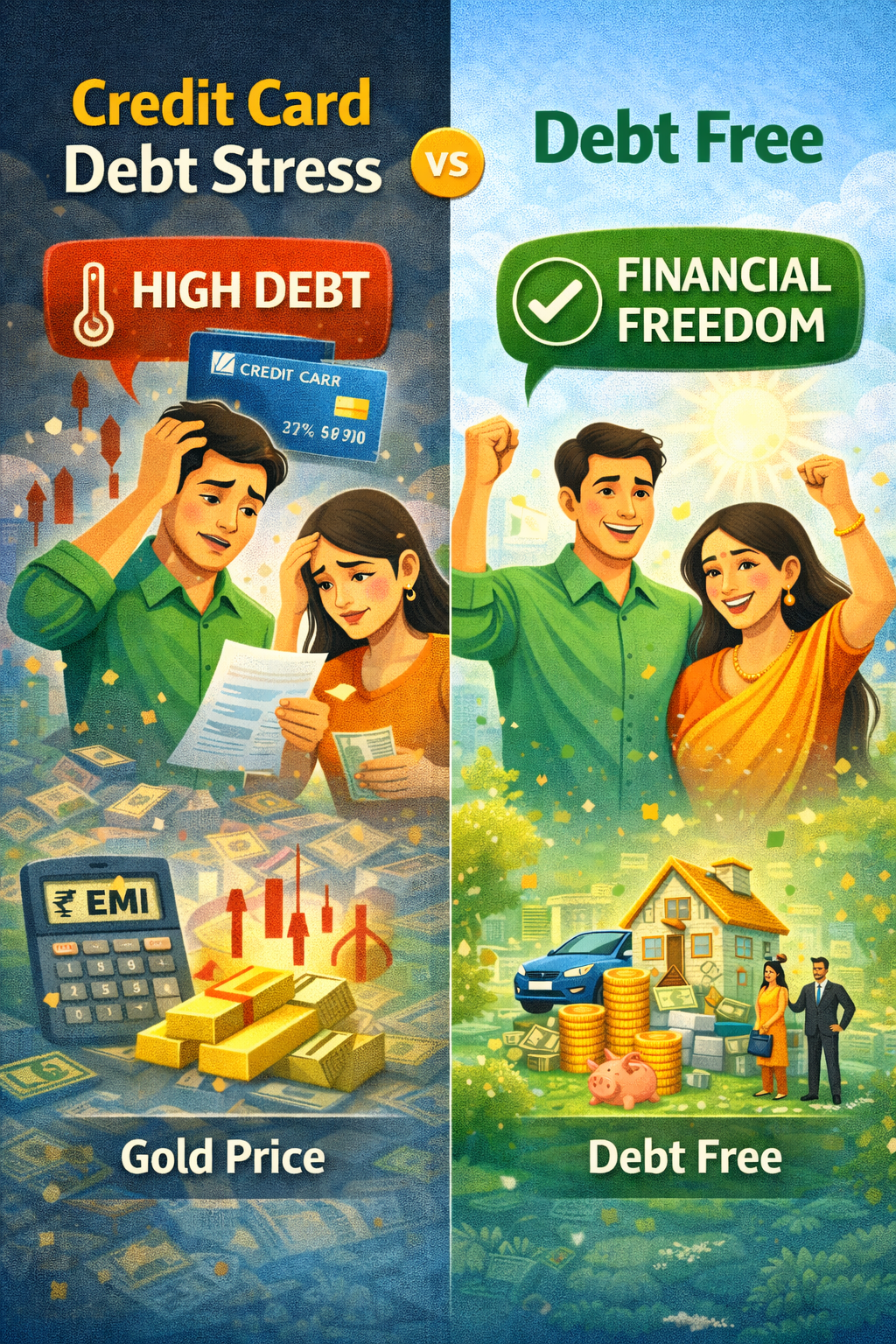 Credit card debt stress versus debt free financial freedom concept